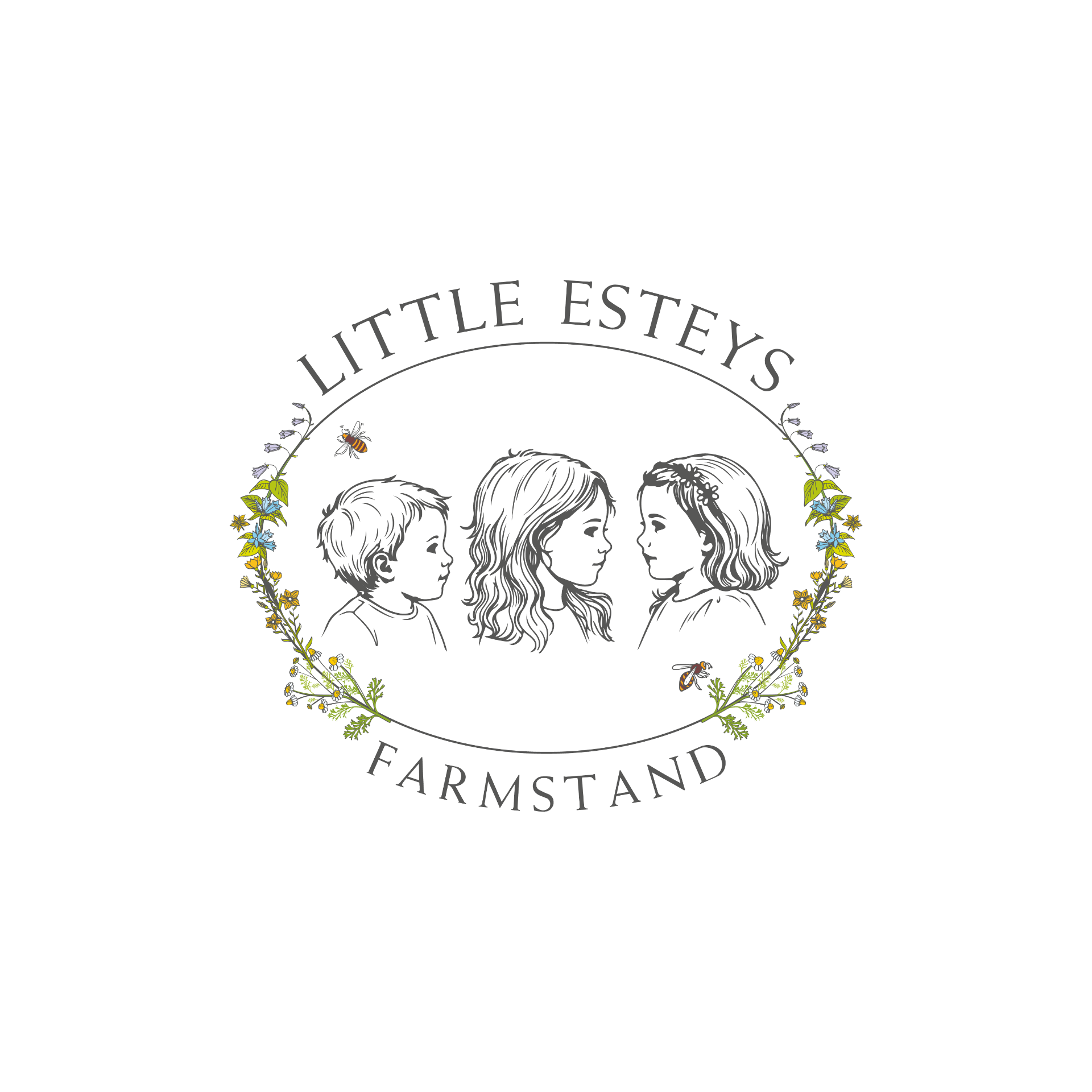 Little Estey's Farmstand — illustrated logo with three children surrounded by wildflowers, bees, and chamomile
